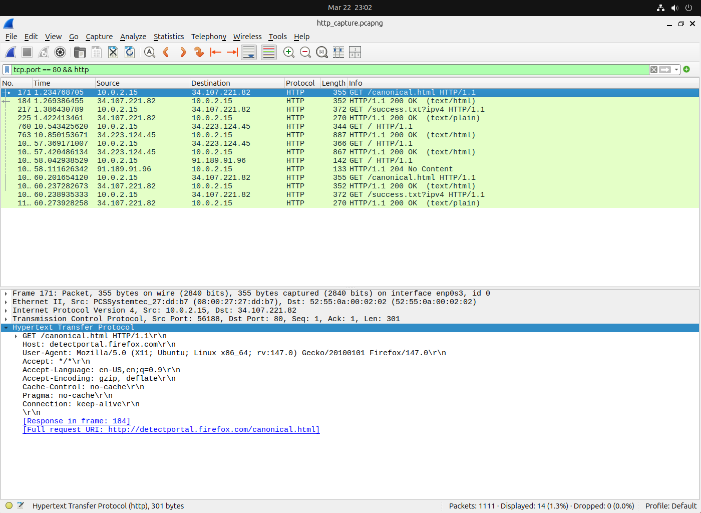 HTTP plaintext traffic showing readable data