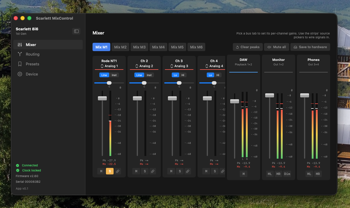 Mixer tab — 18×6 matrix mixer with live peak meters