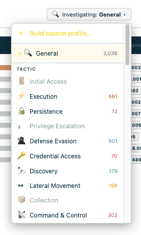 Investigating dropdown — MITRE tactics
