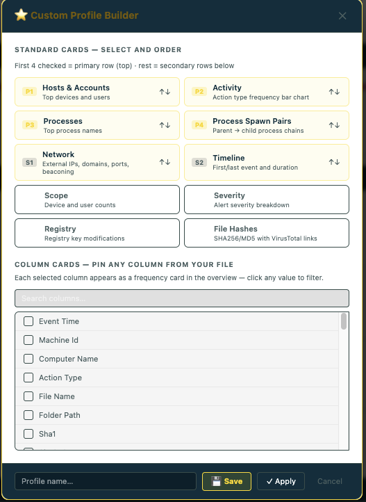 Custom Profile Builder — choose cards and pin columns