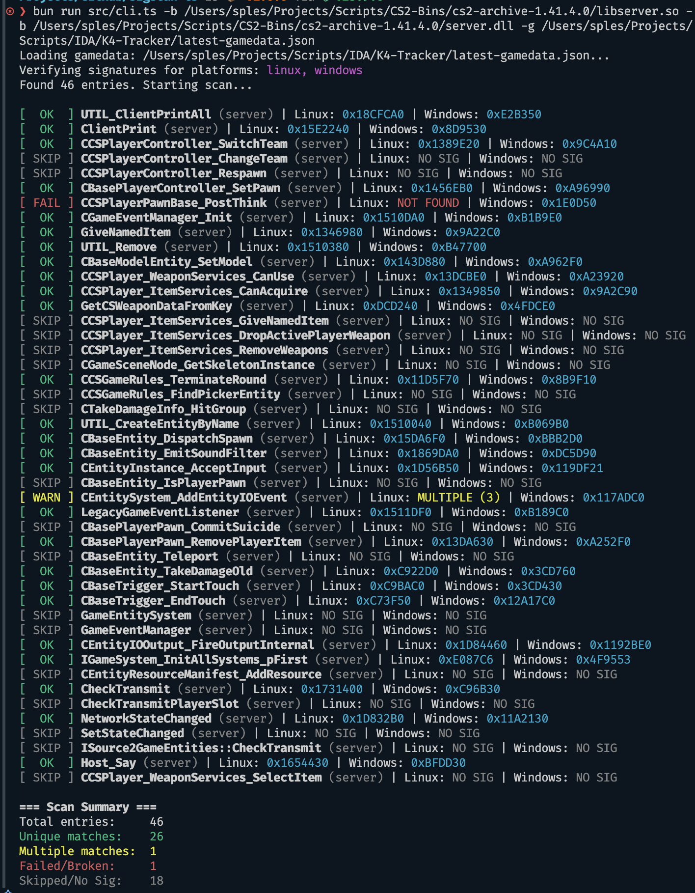 sigscan-ts CLI batch-verification output