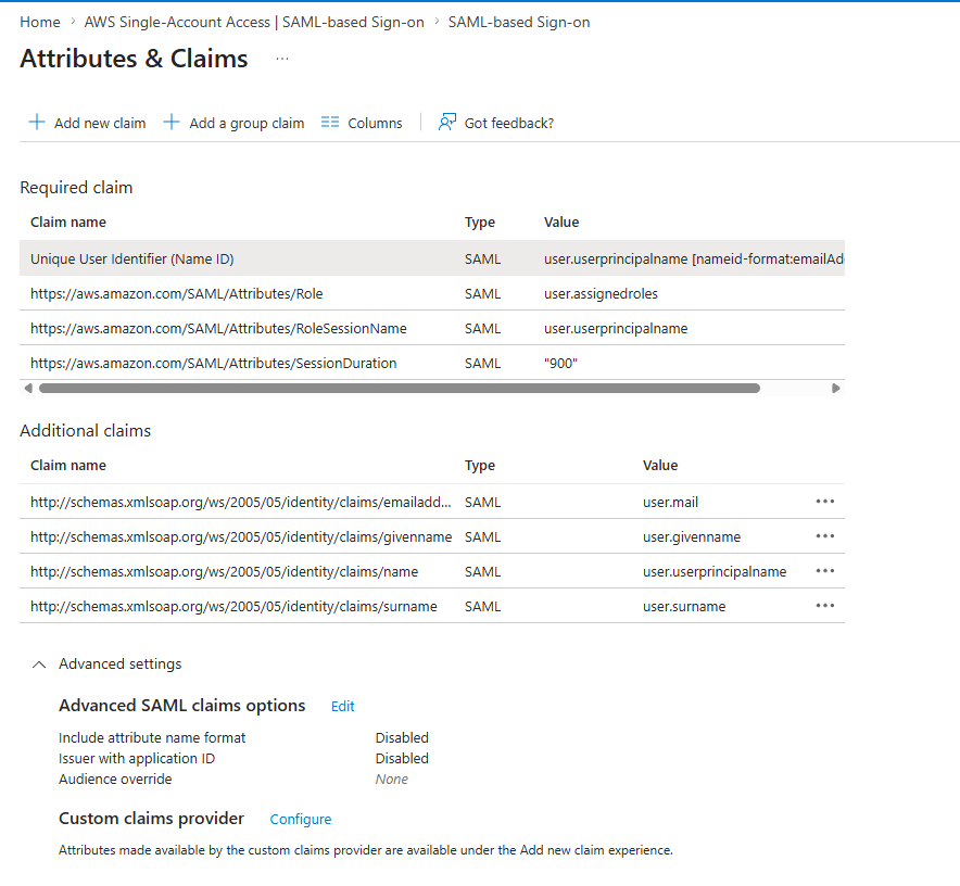 SAML Claims Configuration
