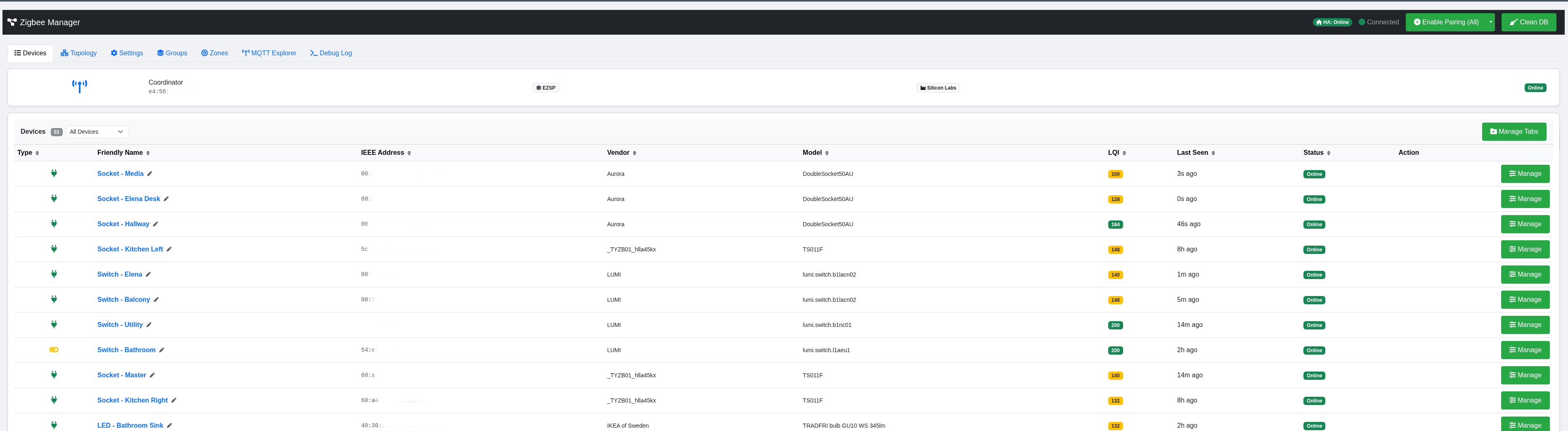 Device table with LQI, status, and controls