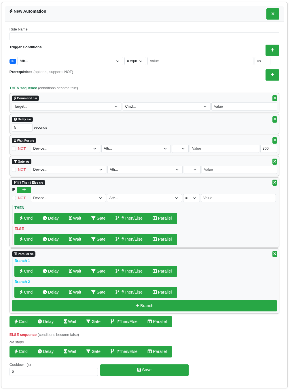 Automation rule builder with conditions, prerequisites, and THEN/ELSE sequences