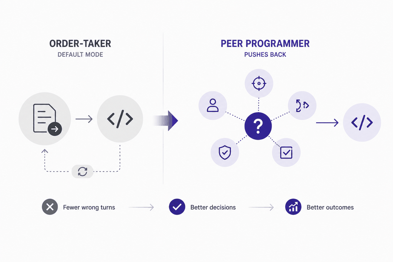 Order-taker (default mode) vs peer programmer (pushes back): the order-taker loops document to code to rework; the peer programmer routes input through a central question node expanding into five lenses (clarifies goals, explores alternatives, validates assumptions, aligns on decisions, ratifies output) before arriving at code. Bottom strap reads: fewer wrong turns to better decisions to better outcomes.