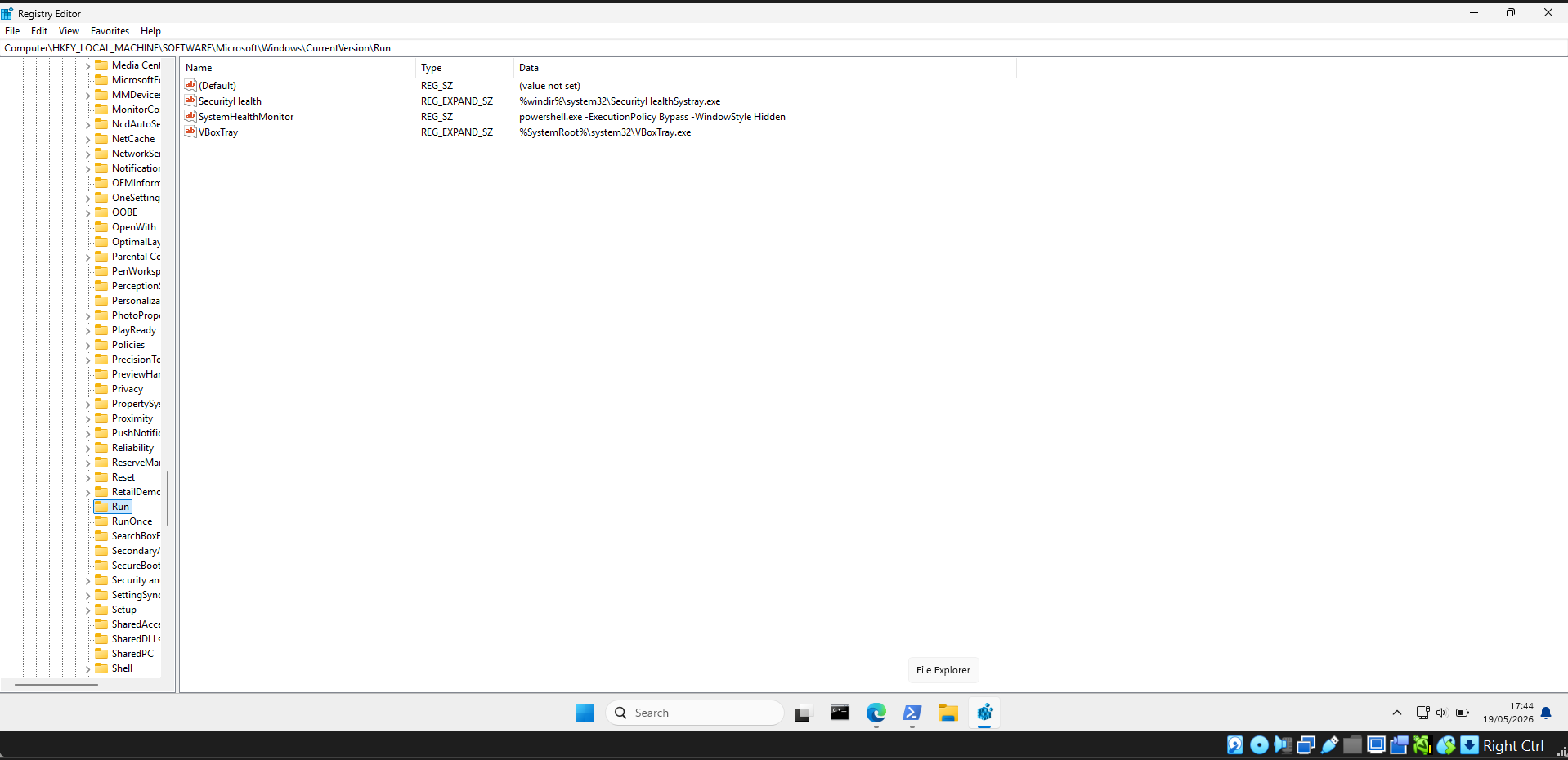 Evidence of HKLM registry run key executed