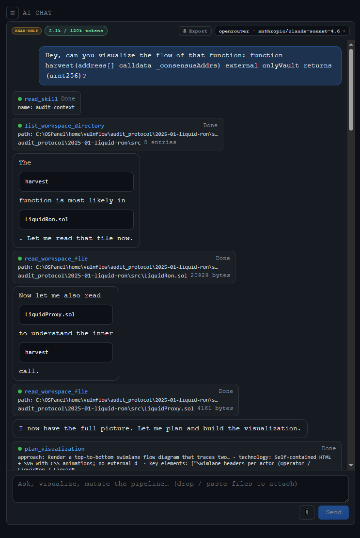 VulnFlow AI chat panel with tool status and plan card