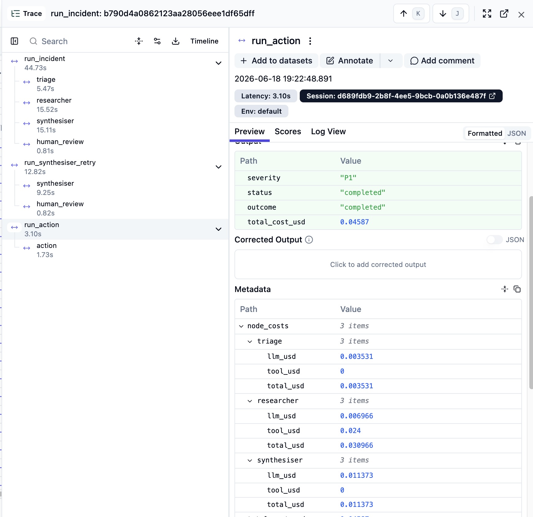 Langfuse trace showing per-node cost breakdown and total_cost_usd for one incident