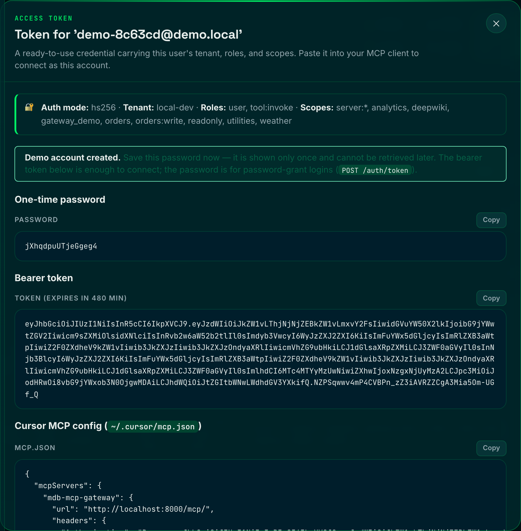 Demo credential modal showing the bearer token, one-time password, and Cursor mcp.json
