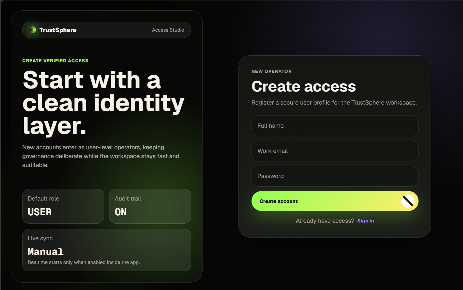 TrustSphere register screen