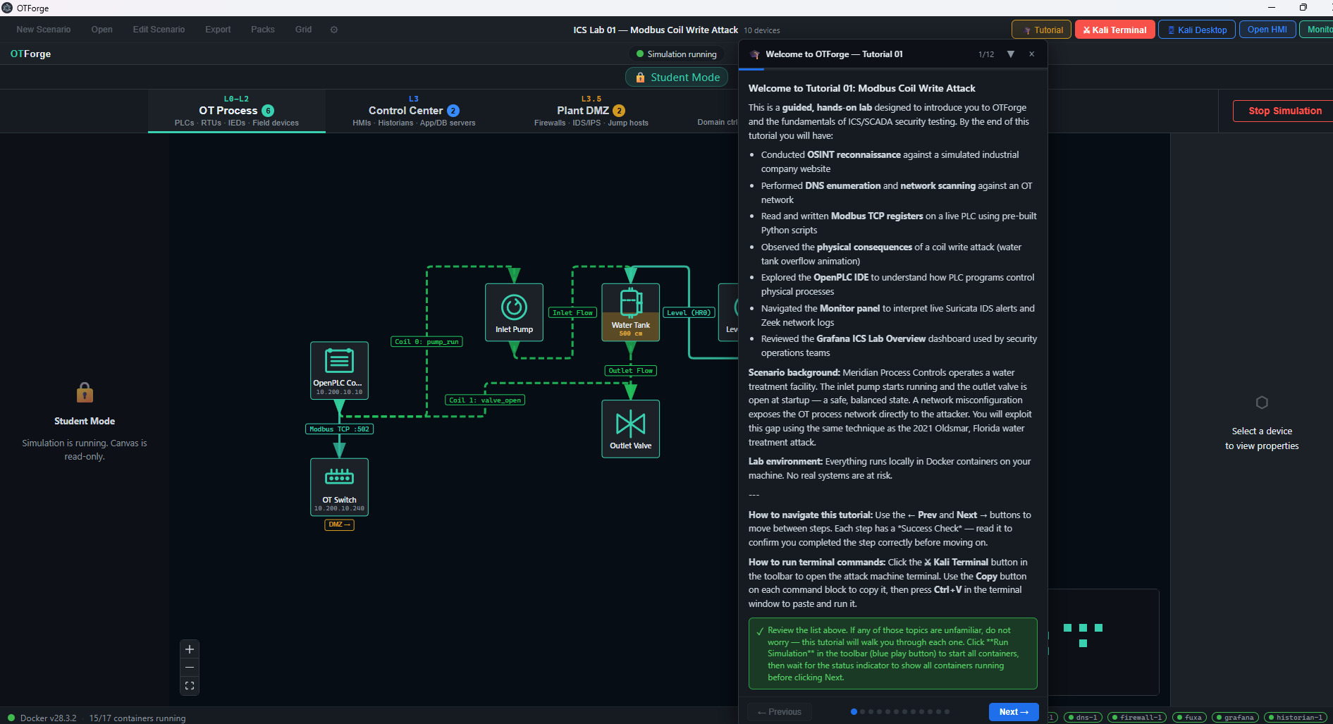 Tutorial panel — guided step-by-step lab overlay