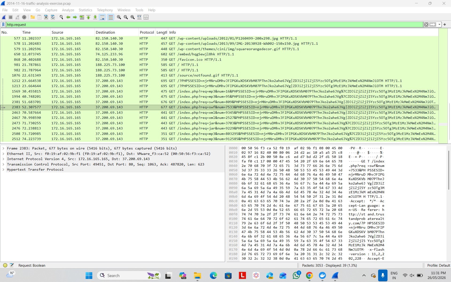 http.request filter showing the full infection chain across domains