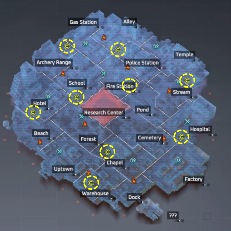 图 F-02:官方 Kiosk 位置图,本报告用作 20 地区重绘底图;当前 Kiosk 区域以 S-06 复核