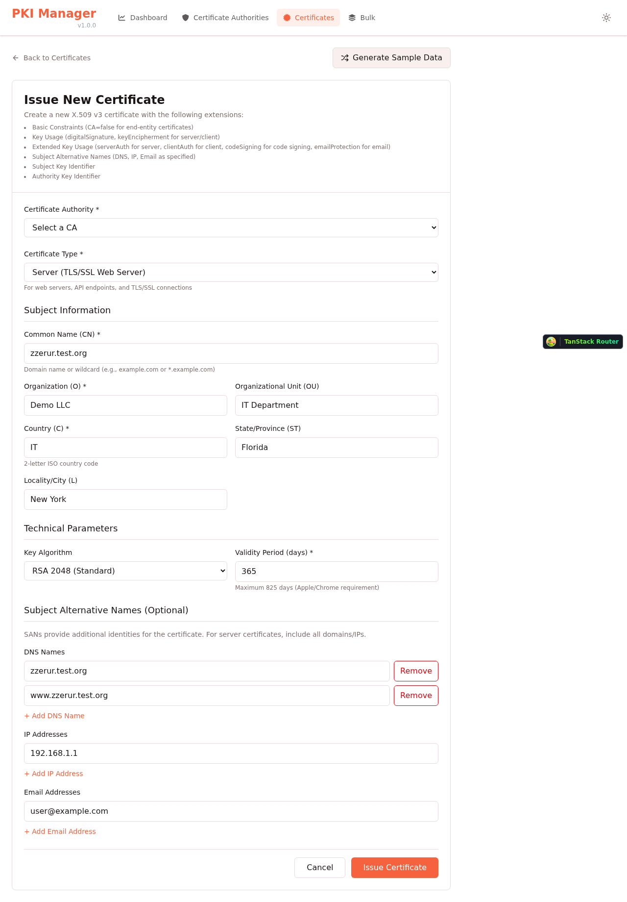 Certificate with SANs