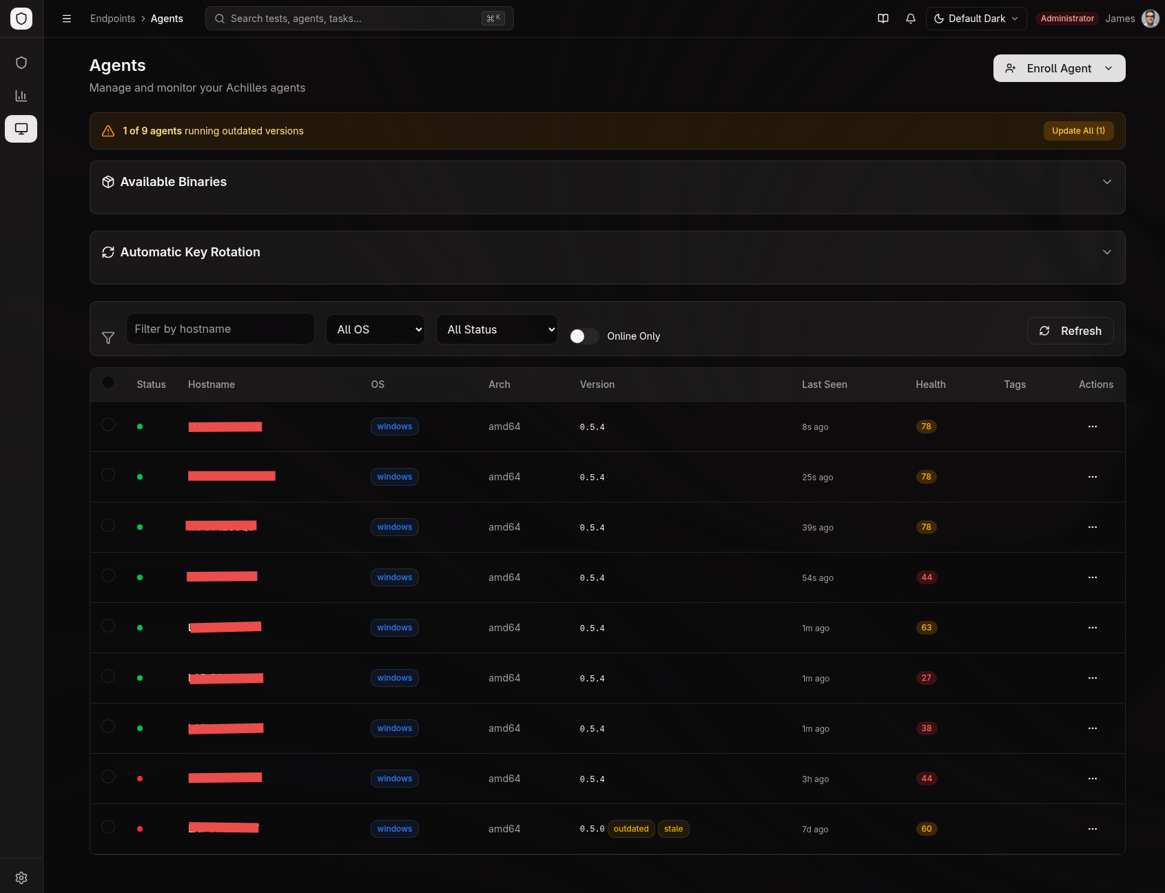 Agent fleet — full table with health scores, version management, OS badges, and tags