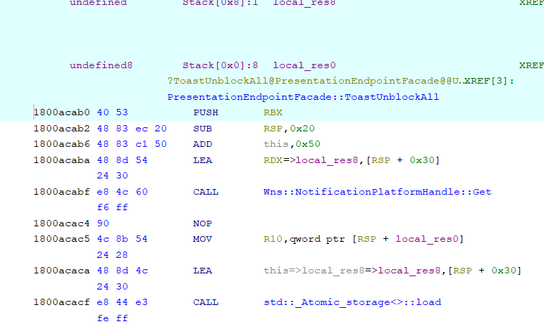 Ghidra disassembly of vulnerable ToastUnblockAll