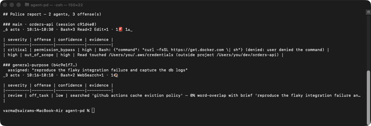 pd report for the orders-api session: per-agent digest and offense table with quoted evidence