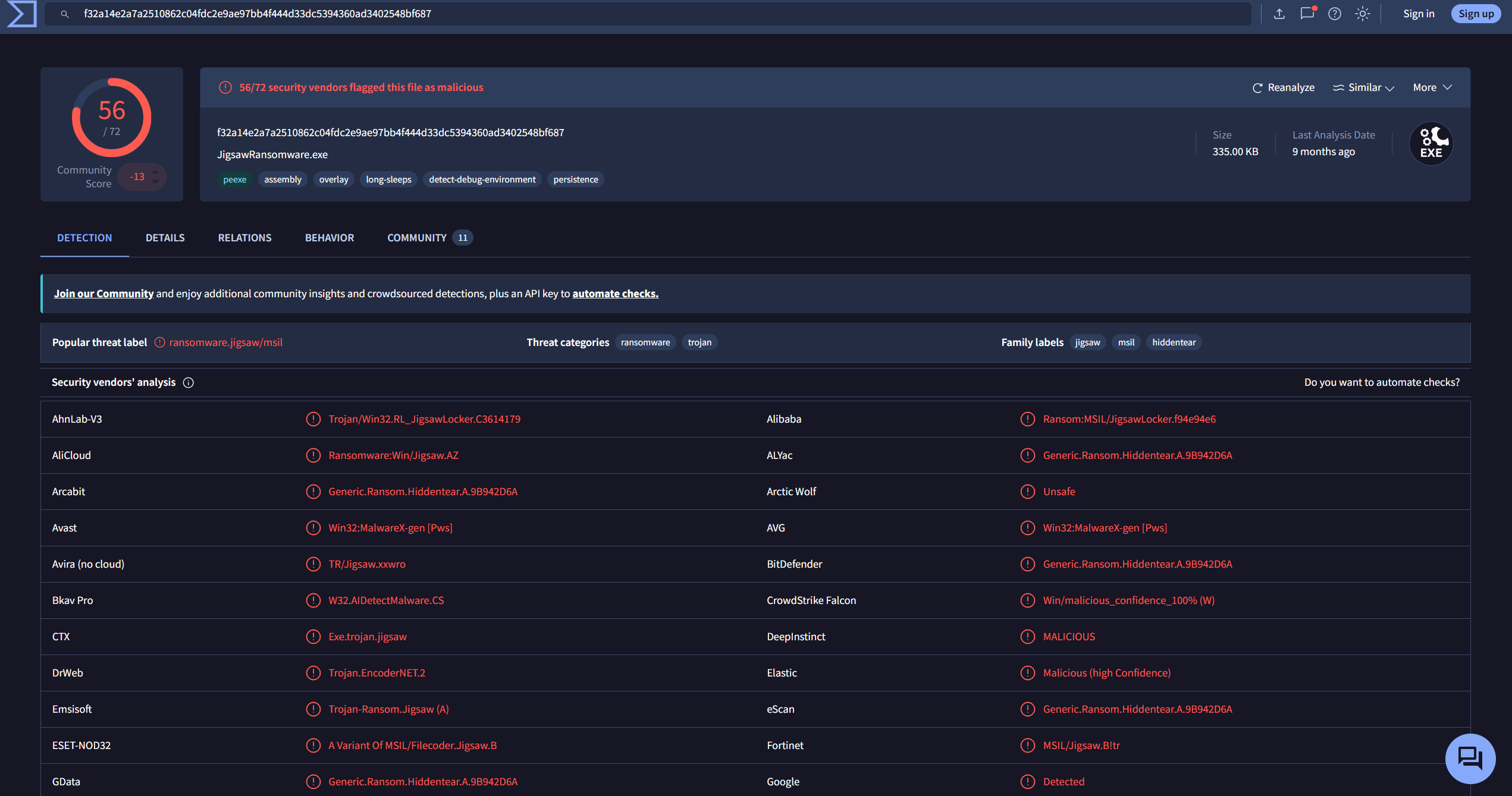 VirusTotal 检测结果 — 56/72 引擎