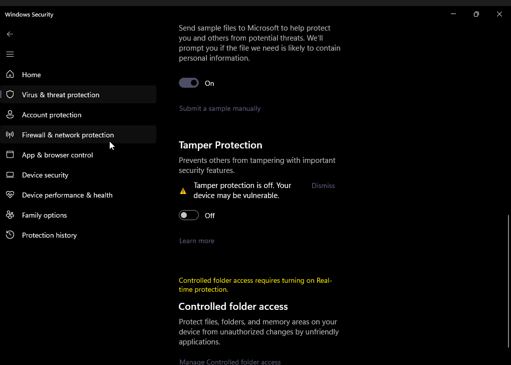 Windows Defender Tamper Protection 已禁用