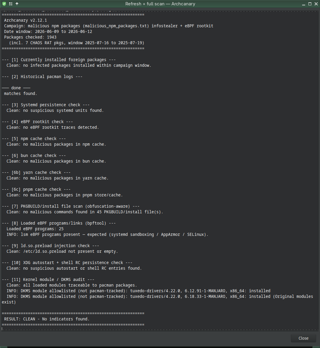 Archcanary scan output — RESULT: CLEAN