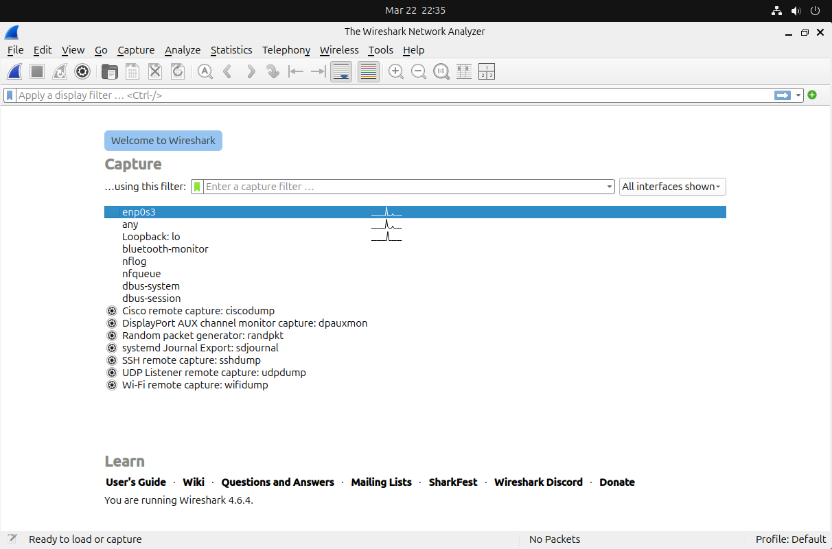 Wireshark interface selection showing enp0s3