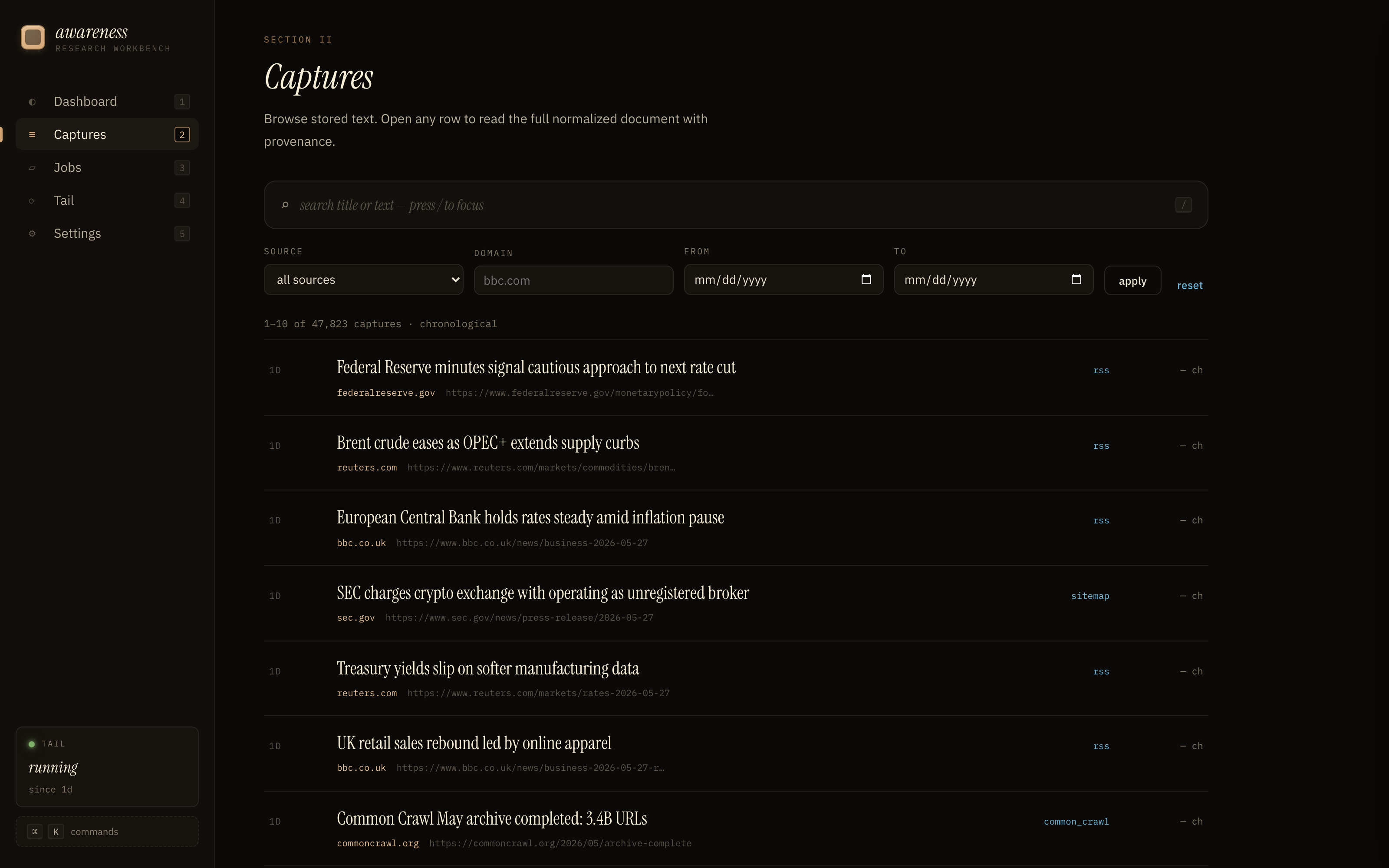 Captures browser with full-text search box, source / domain / date filters, paginated chronological list of stored documents