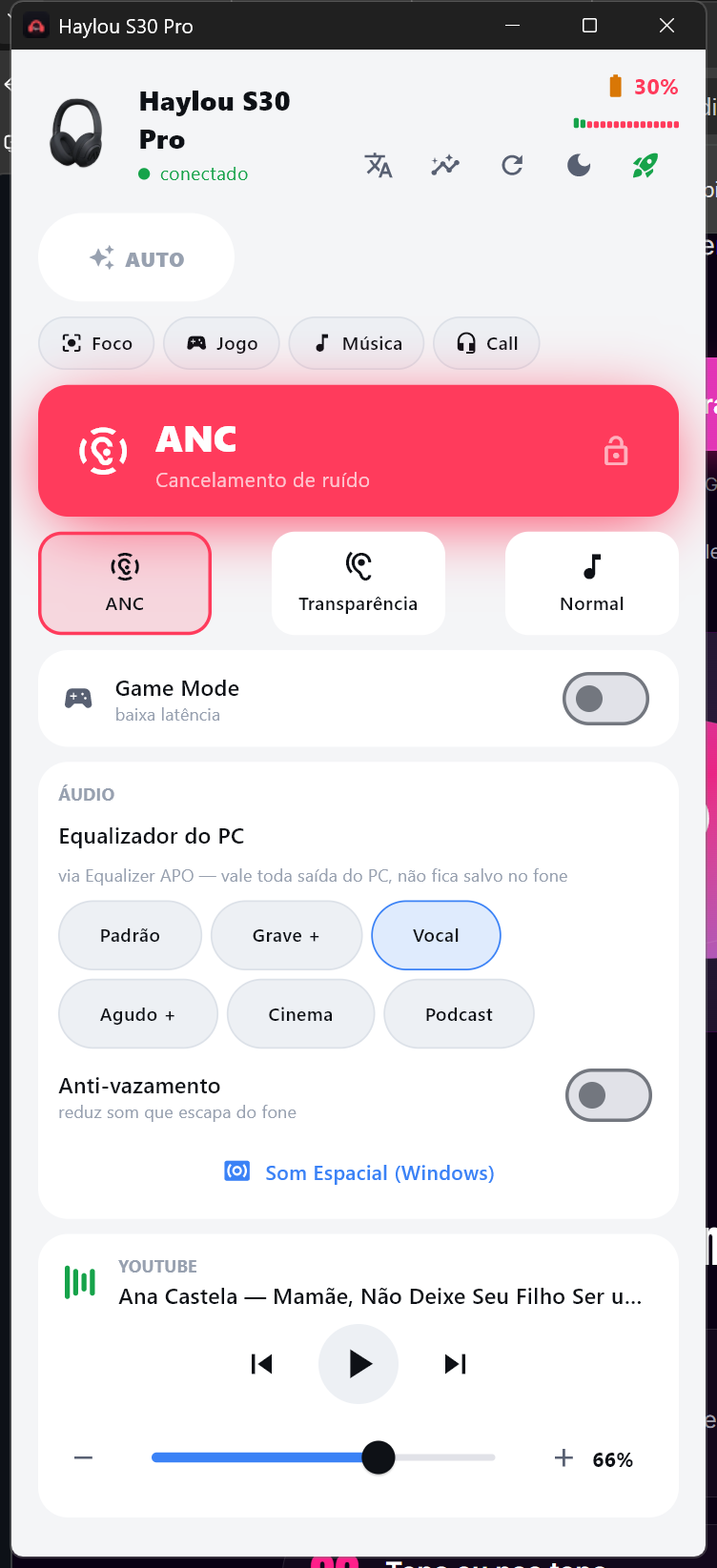 Haylou S30 Pro Windows app — ANC control, scene profiles, equalizer and media controls
