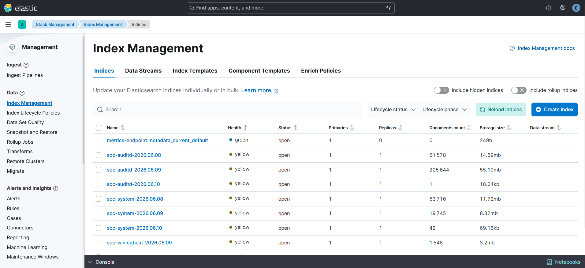 Index Management - Kibana 中的 soc-* 索引