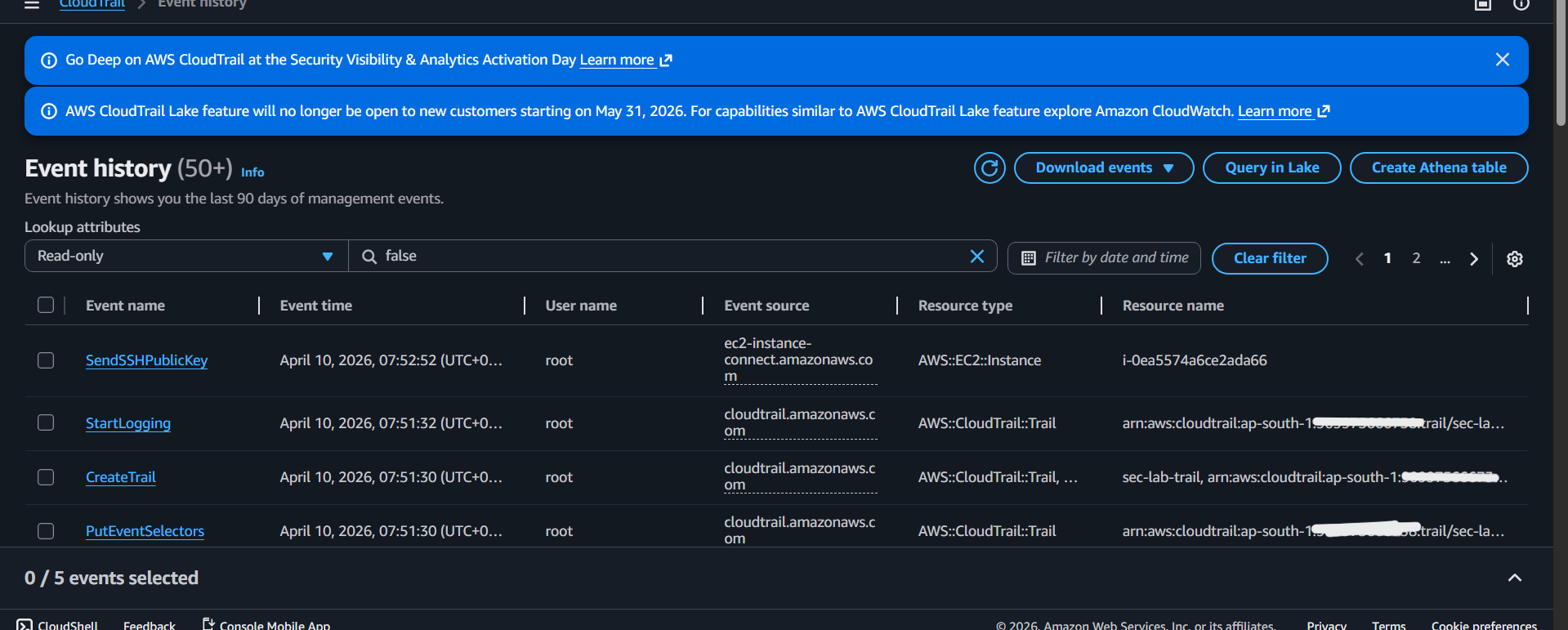 CloudTrail Event History — 50+ 事件