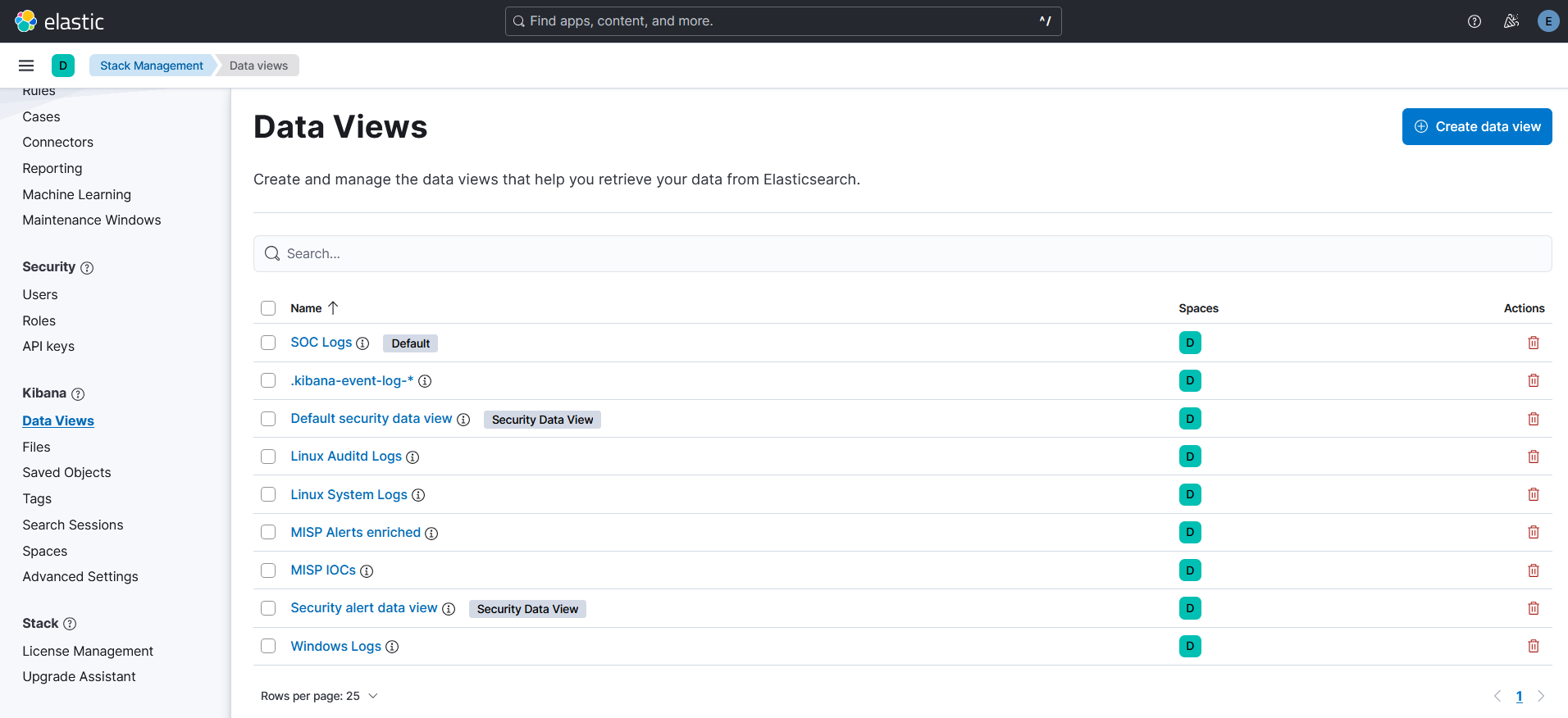在 Kibana Stack Management 中配置的数据视图