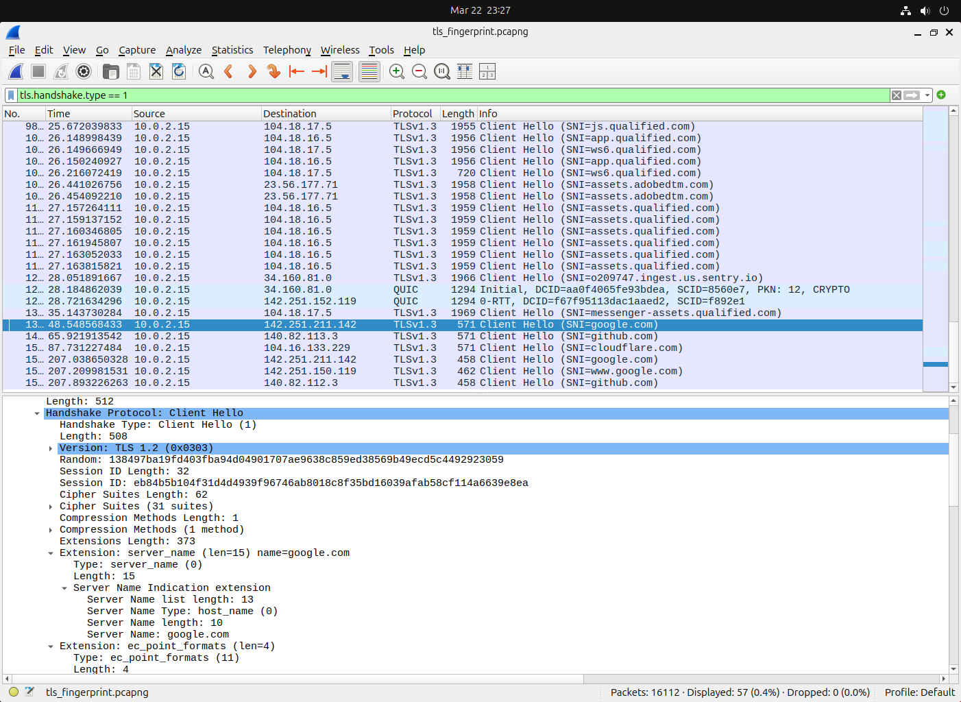 TLS Client Hello packets with JA4 fingerprints