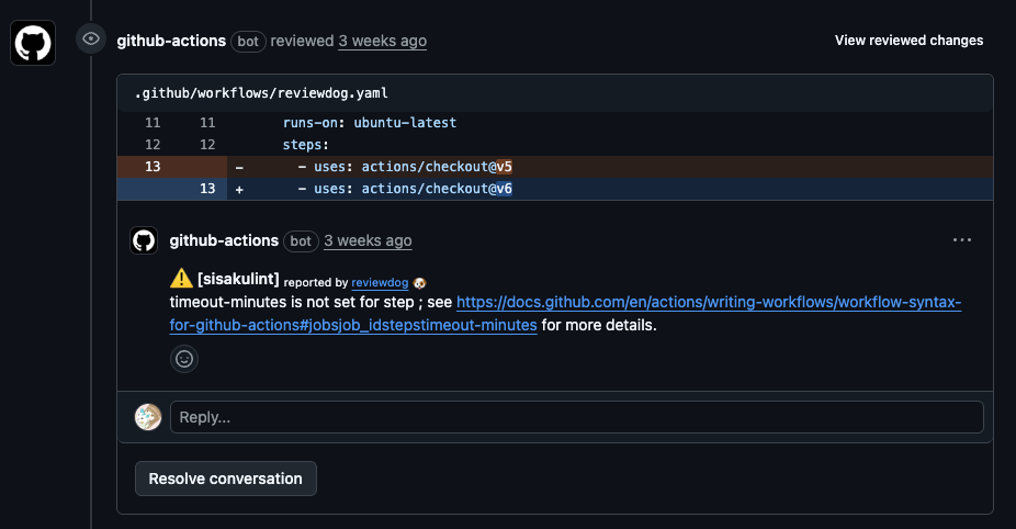 reviewdog showing sisakulint findings inline on a GitHub PR