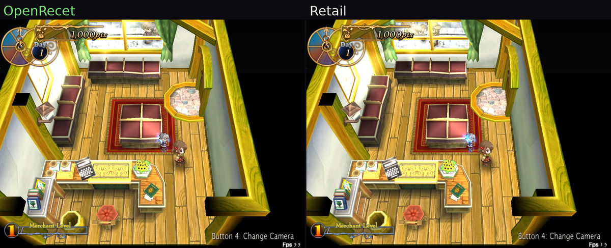 OpenRecet (left) vs the original retail engine (right) — the HOUSE shop interior