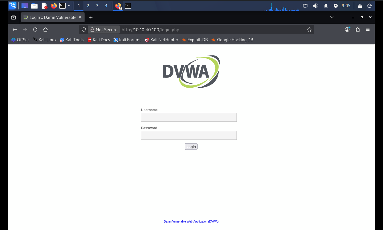 从 Kali (GUEST 网段) 跨越网段边界成功访问 DVWA 登录页面