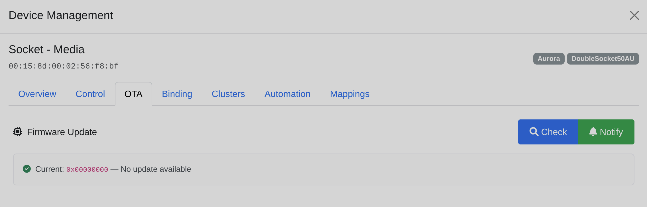 OTA firmware update tab with check, notify, and progress bar