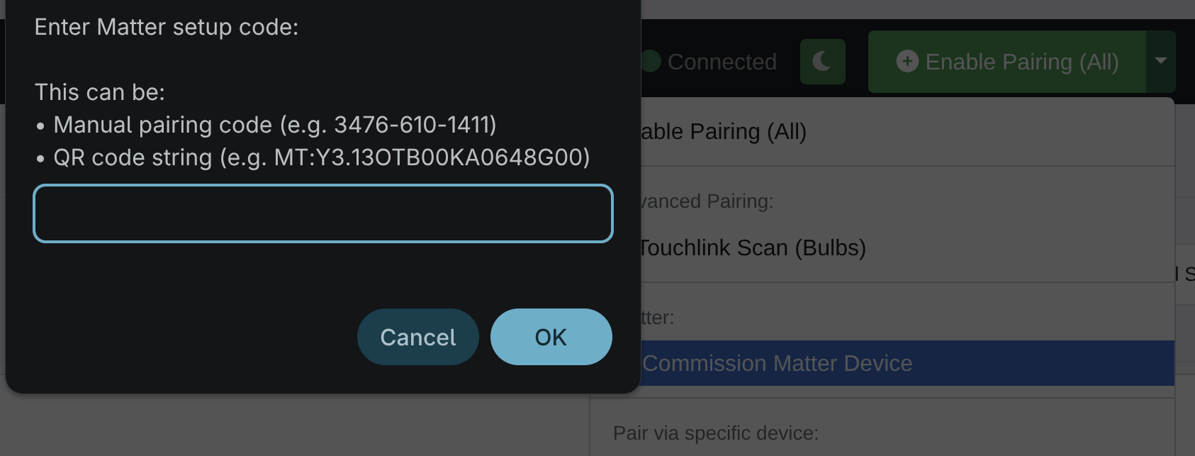 Matter device commissioning and unified device list