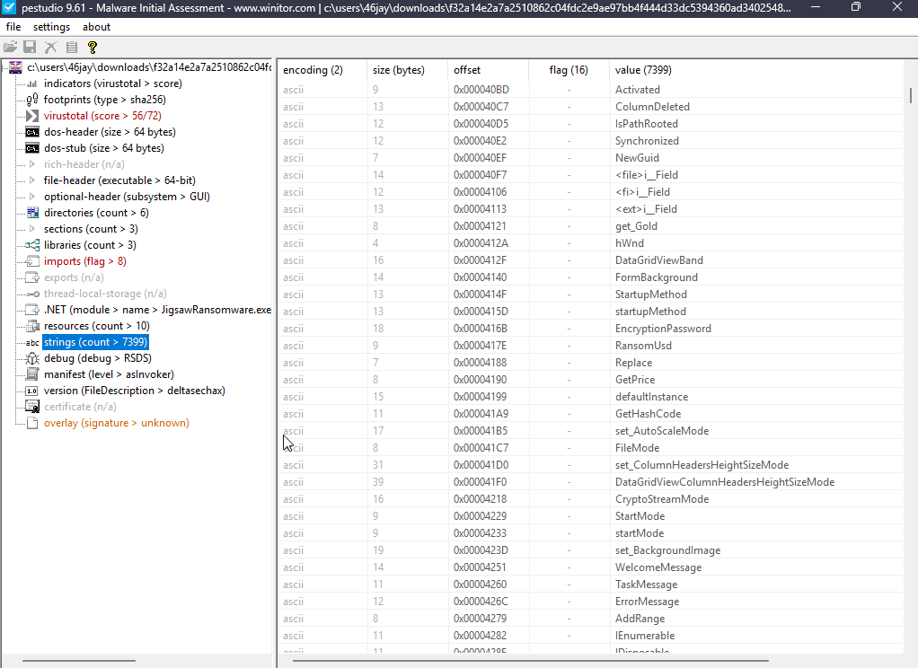 PEStudio 字符串 - 加密和勒索软件函数名