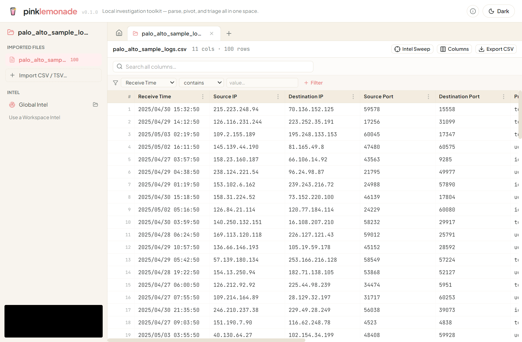 Workspace CSV grid
