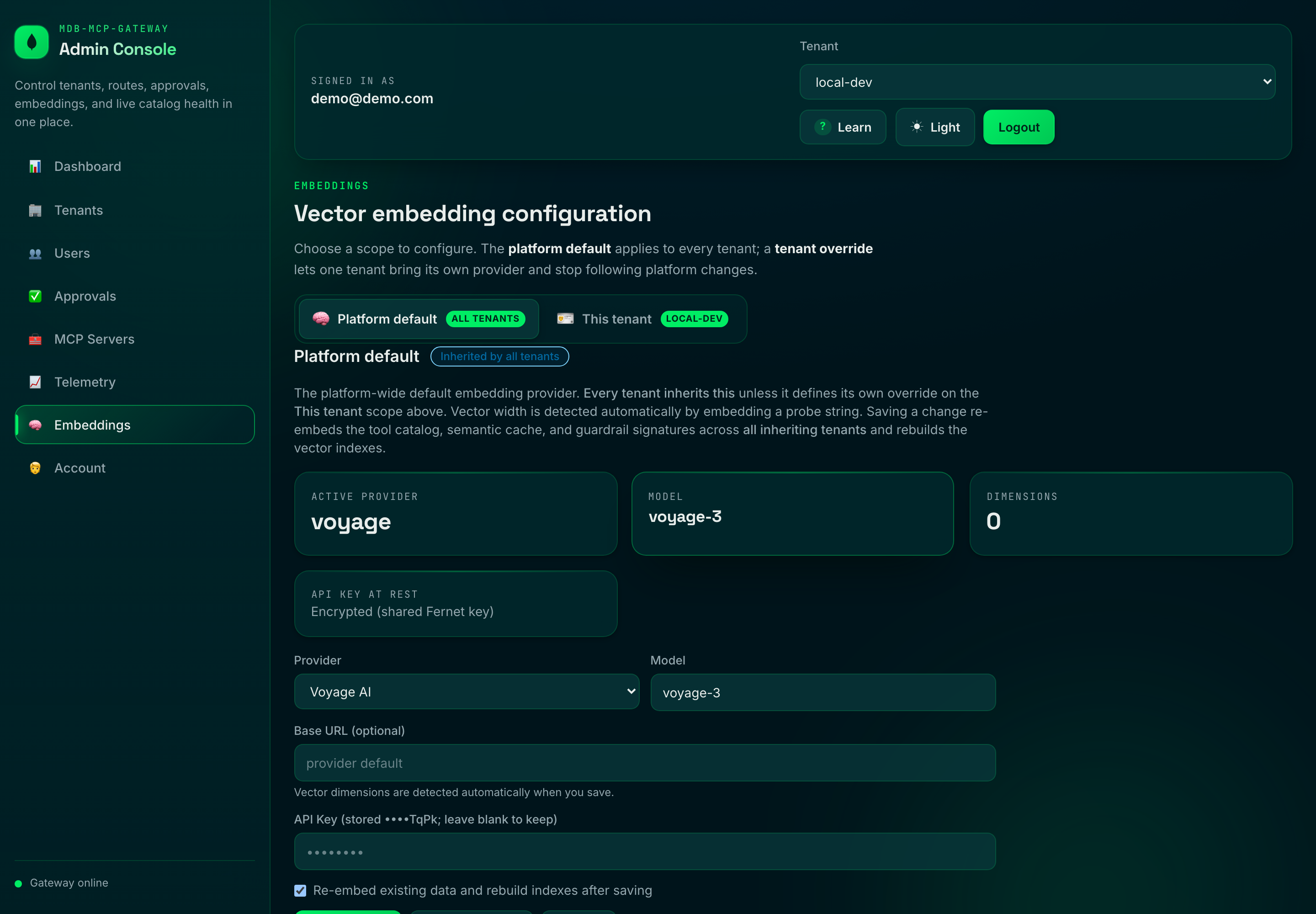 Embeddings panel running on Voyage AI, model voyage-3, with the key encrypted at rest