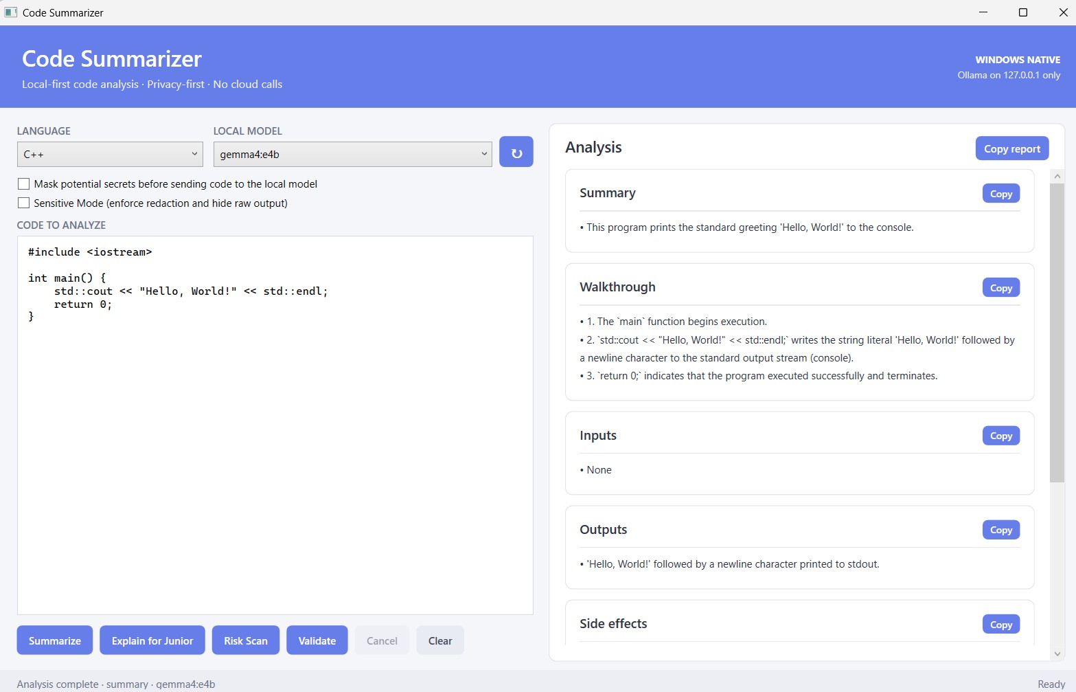 Code Summarizer 展示了结构化的 C++ 分析