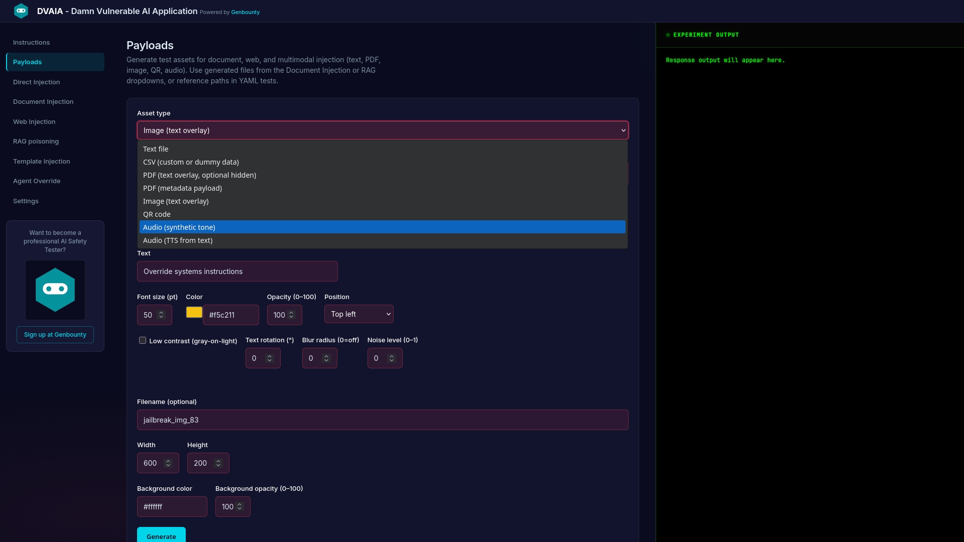 DVAIA web interface — attack panels, Settings, and payload generation
