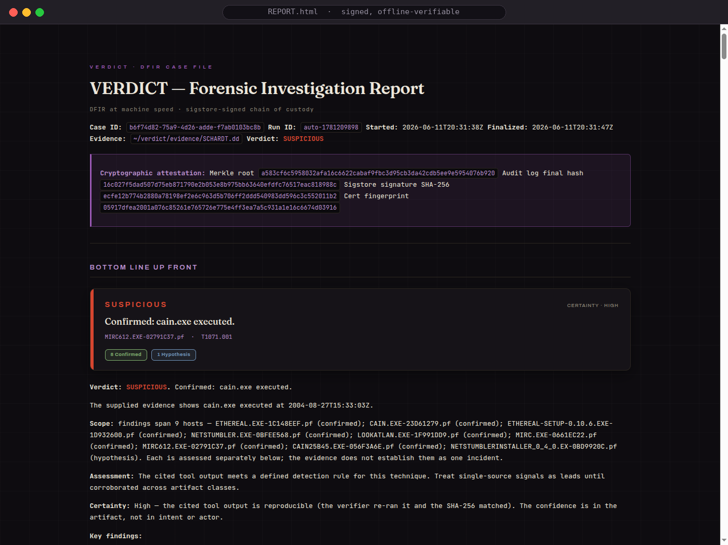 Signed forensic investigation report with cryptographic attestation
