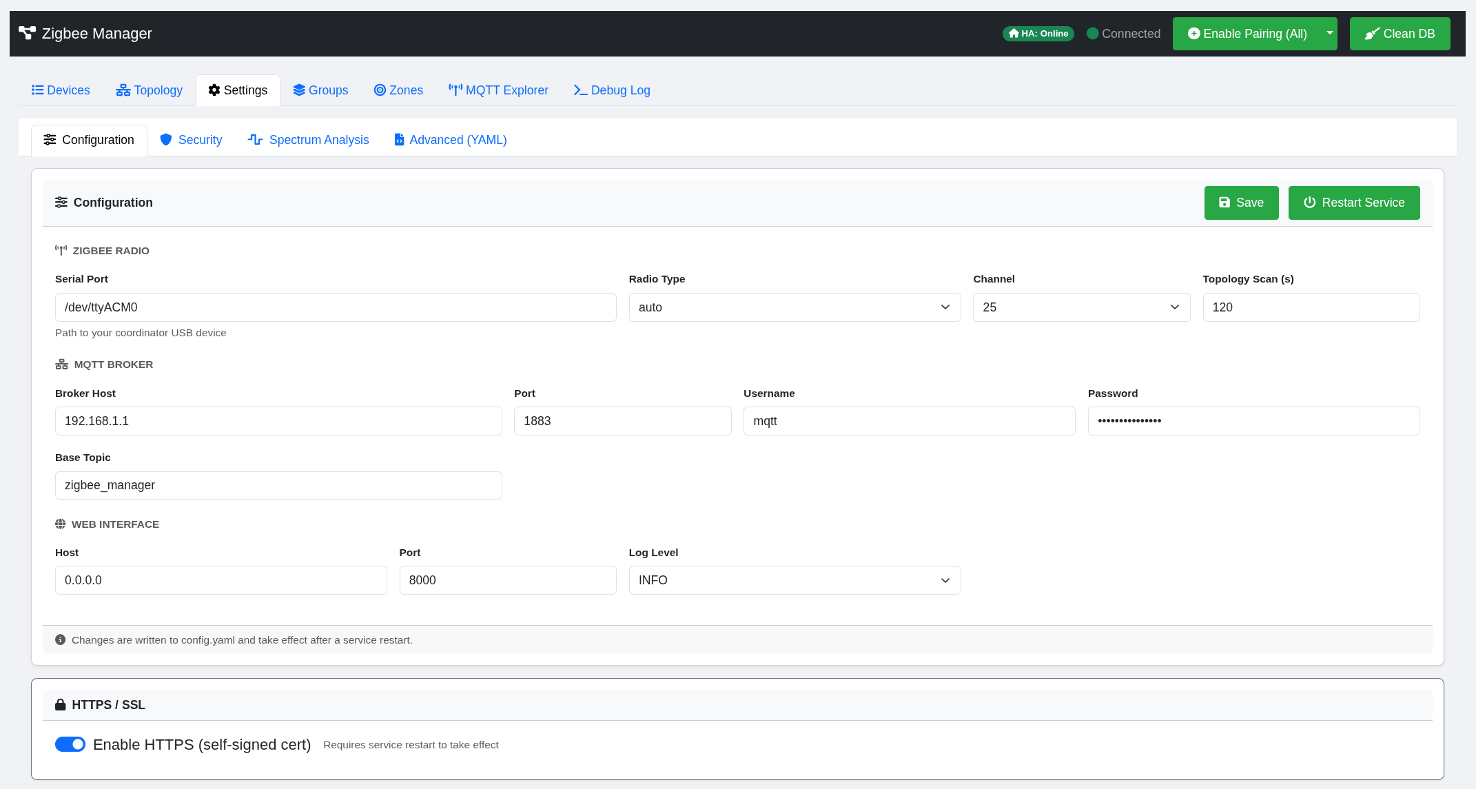 Settings panel with Configuration, Security, Spectrum Analysis, and Advanced tabs