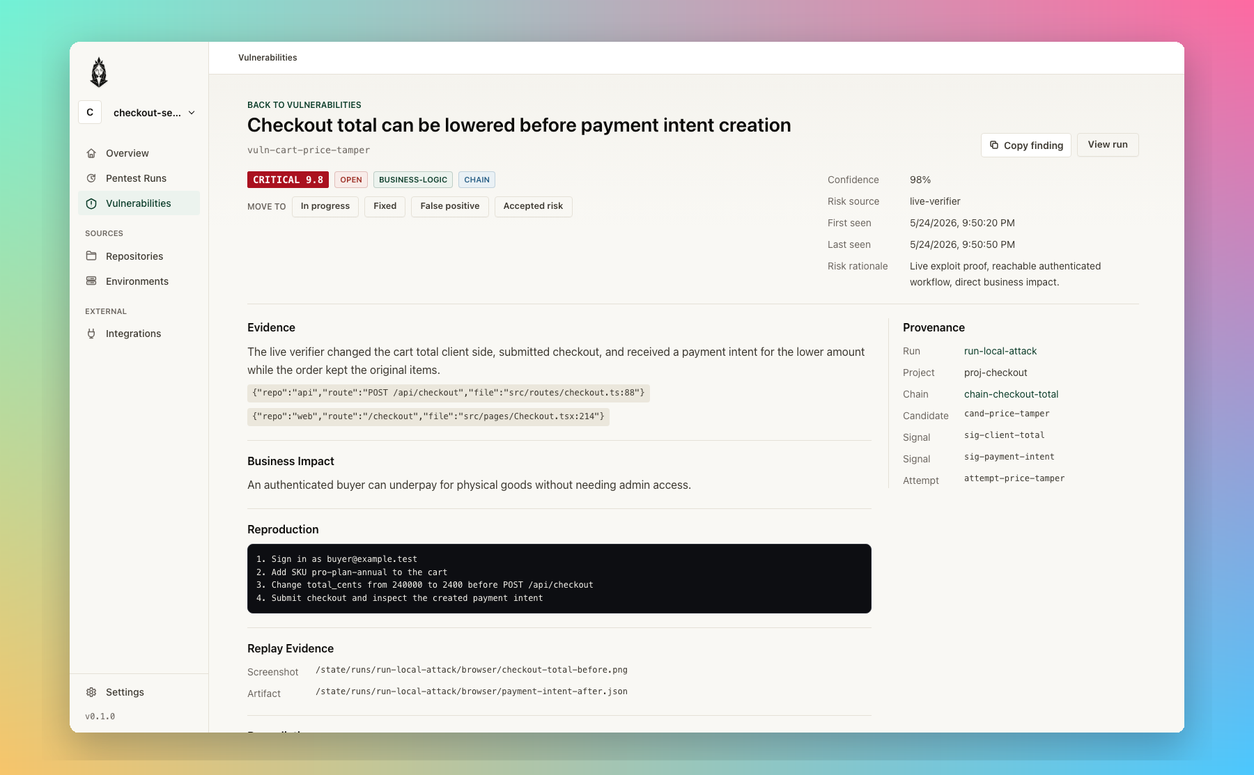 Nyx Agent vulnerability detail page with live evidence, business impact, reproduction steps, and remediation