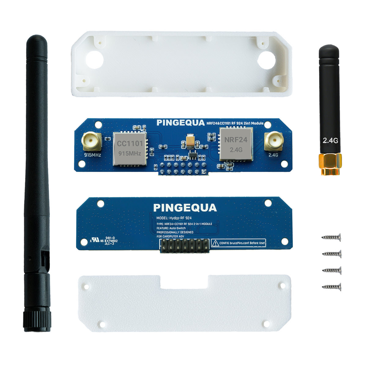 Hydra RF 924 Pro kit contents — PCB front and back, 915 MHz antenna, 2.4GHz antenna, Pro shells, screws