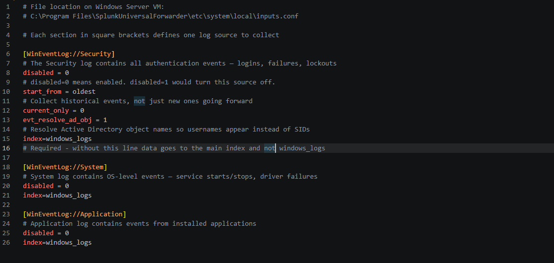 Windows Server VM 上的 inputs.conf