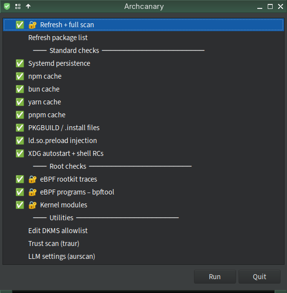 Archcanary GUI — main menu