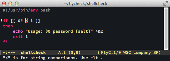 显示 emacs 中内联 shellcheck 反馈的截图