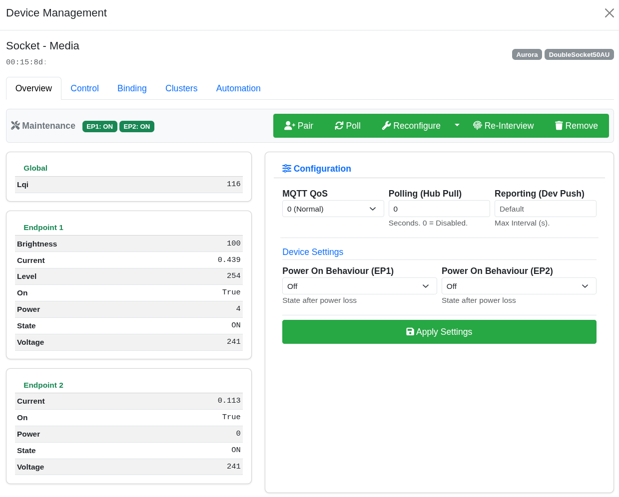 Device modal showing controls, bindings, clusters, config, OTA, and automation tabs